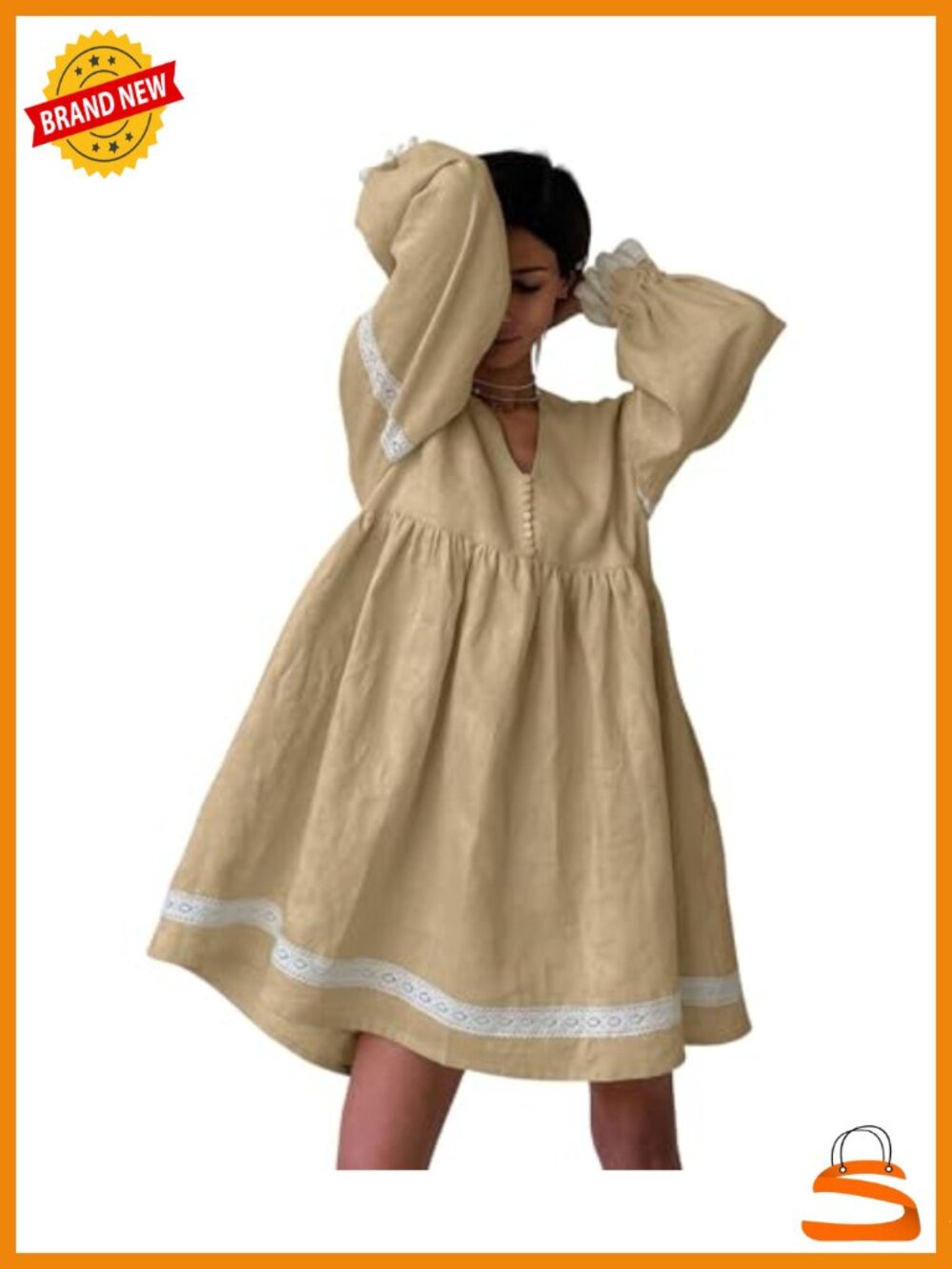Women's Cotton Linen Mini Babydoll Dress Lace Trim Long Sleeve Pockets